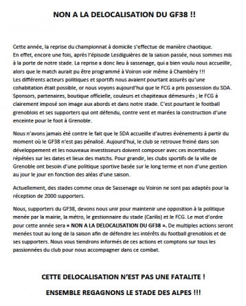  »Non à la délocalisation du GF38 » : le communiqué des supporters grenoblois